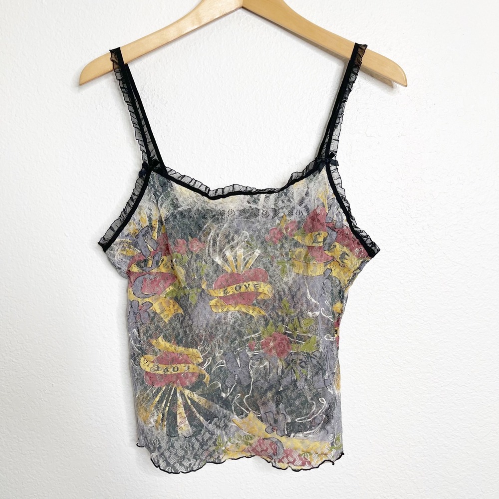 Womens Tattoo Print Sheer Lace Cami Ruffle Trim Heart Rose Graphic Tank Top